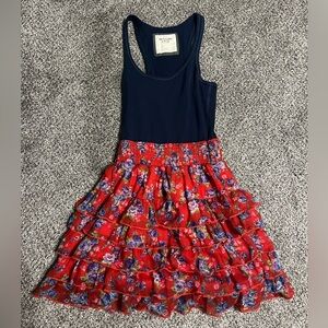 Vintage Y2K Abercrombie & Fitch Ruffled Tiered Red Navy Floral Dress XS